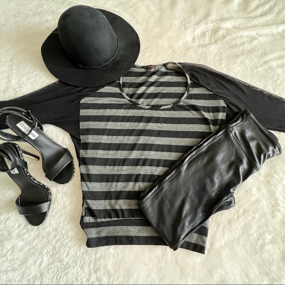 ✨ G by Guess sheer sleeve black and gray striped top✨